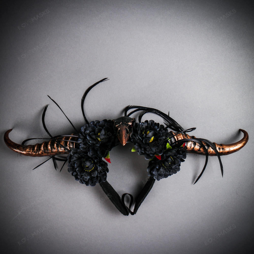 Gothic Demon Long Horn with Flower Head Piece - Black Copper